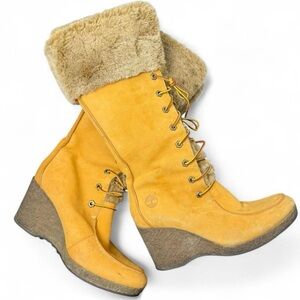 🍯 Timberland Faux Fur Lace-Up Wedge Boots‎ – Wheat Nubuck